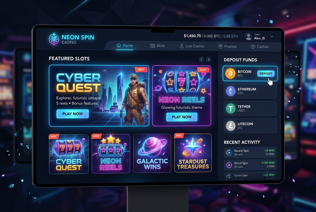 Moderní rozhraní online kasina s přehledem her a krypto platbami