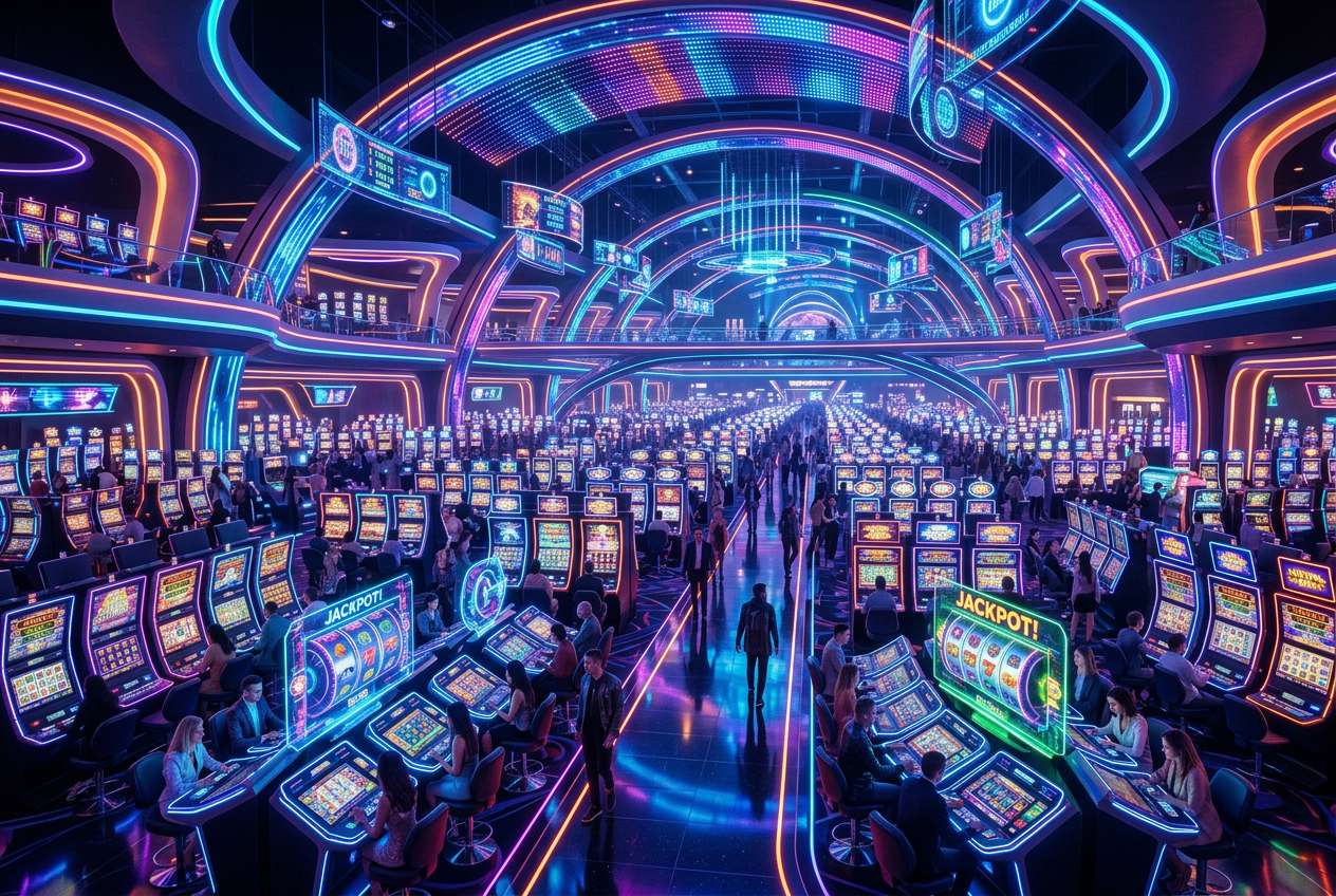 Futuristický digitální interiér online kasina s neonovými efekty a virtuálními automaty