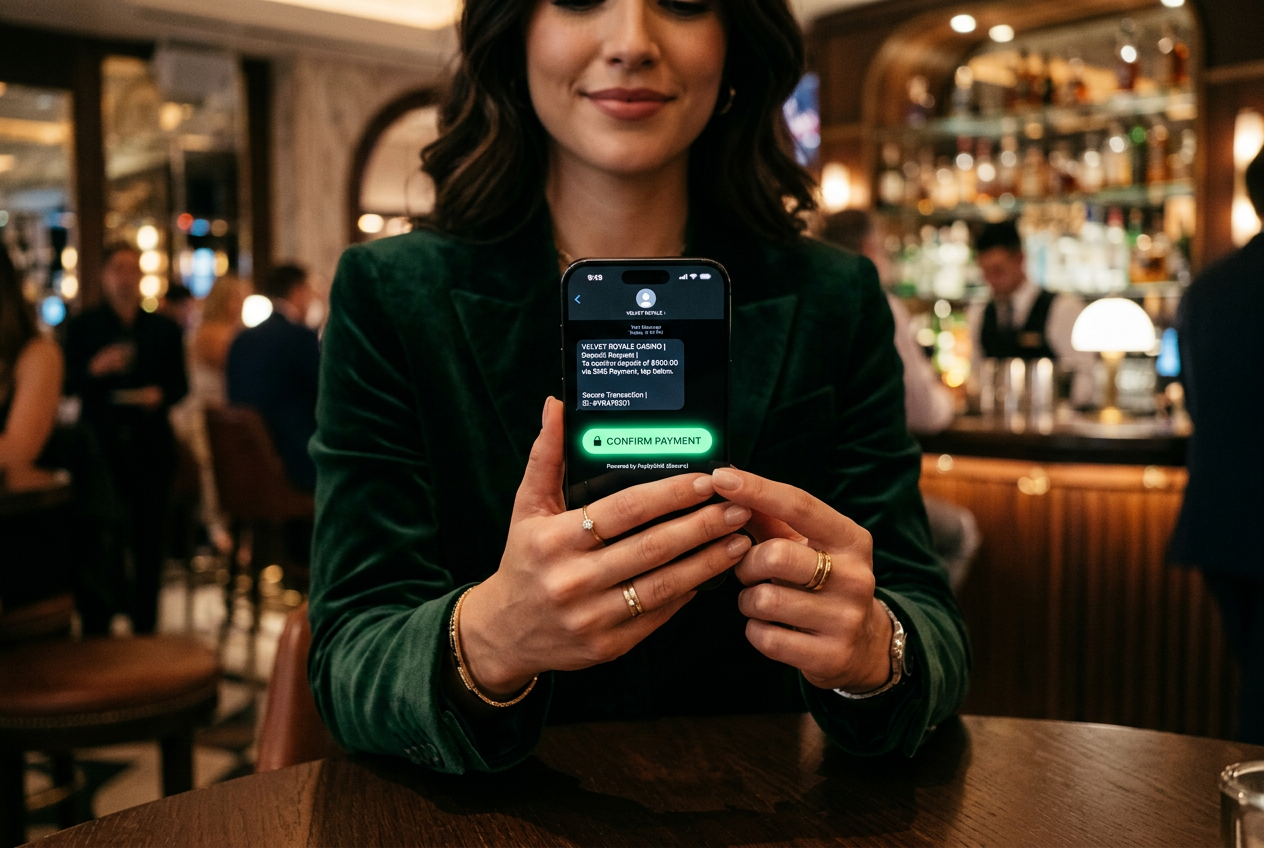 Moderní smartphone s potvrzenou SMS platbou v rozhraní online kasina