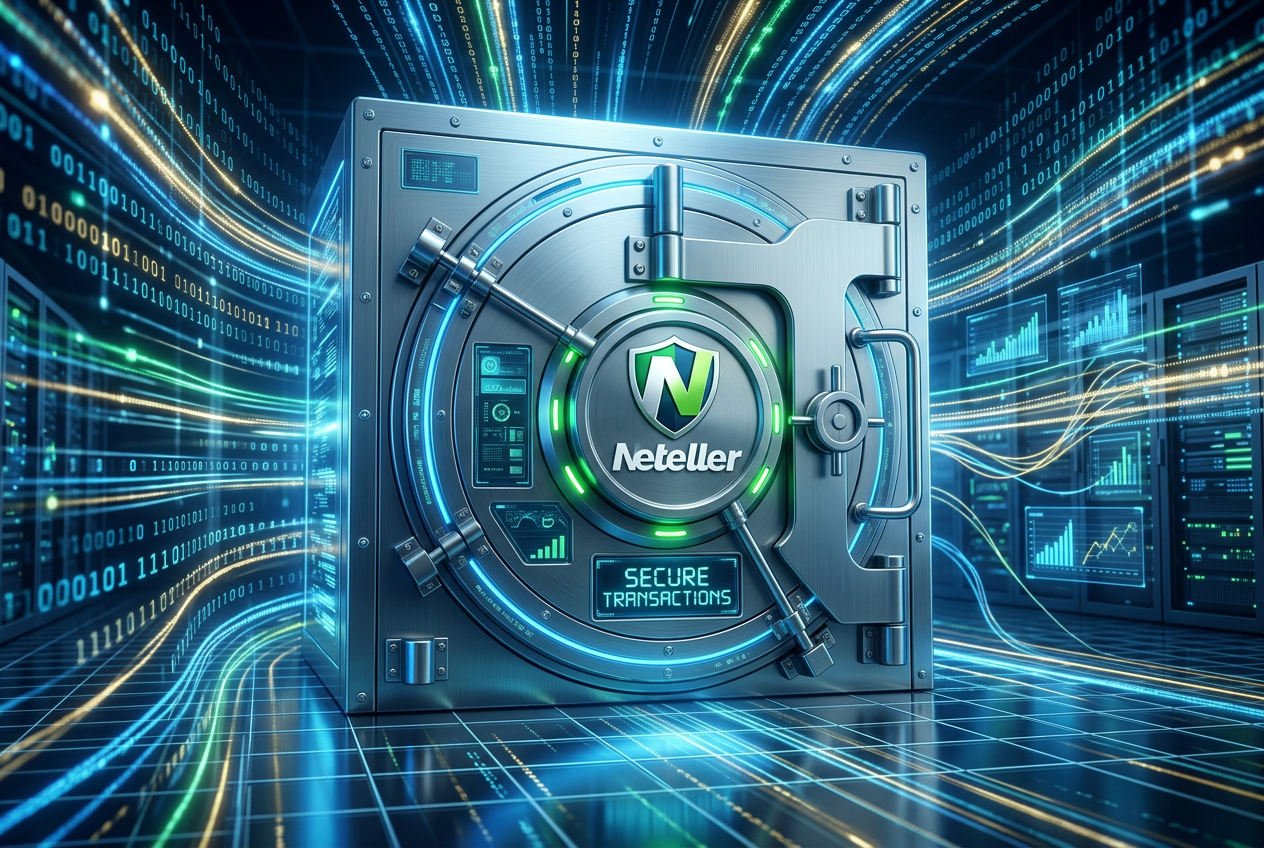 Bezpečný digitální trezor s logem Neteller znázorňující rychlé a bezpečné transakce